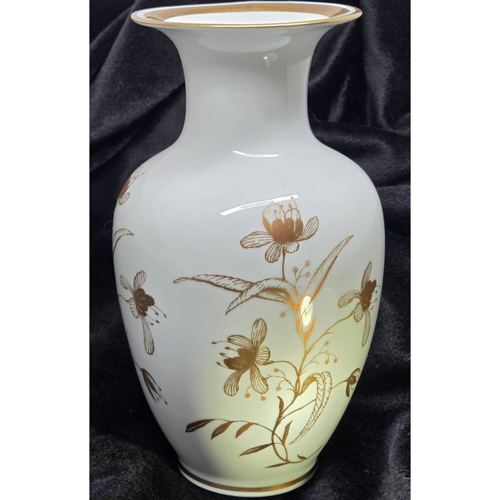 Artist Signed Reichenbach Fine China Porcelain Vase White and Gold Floral GDR
